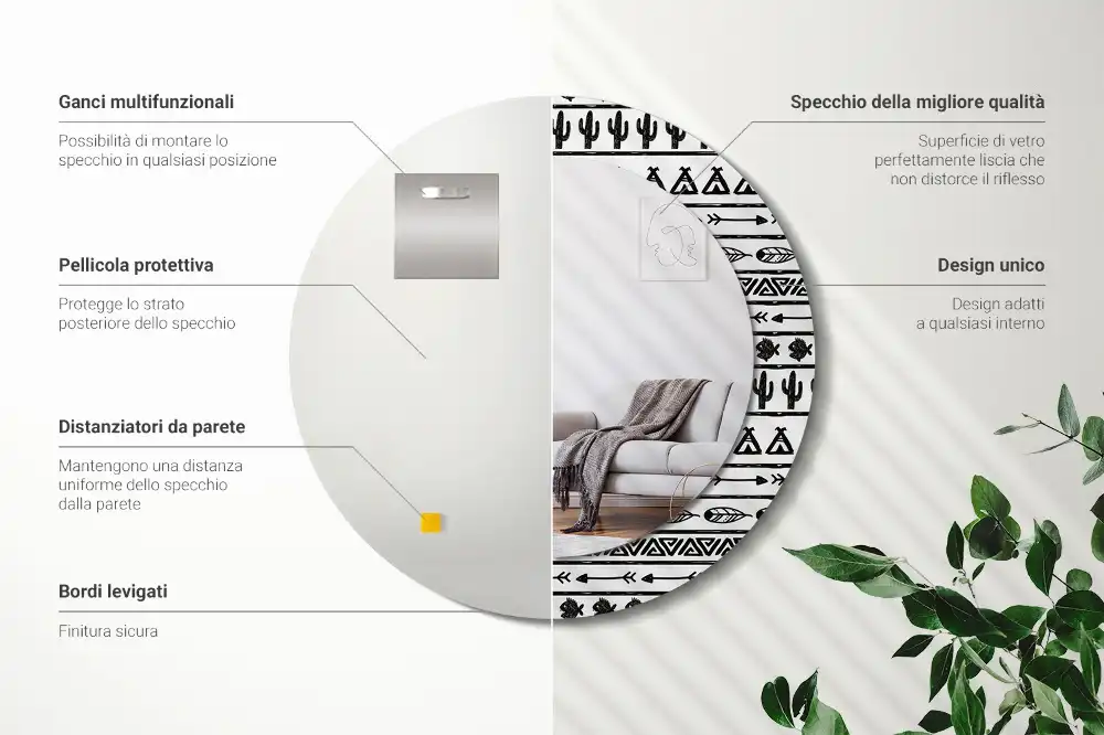 Miroir rond cadre avec impression boho minimaliste