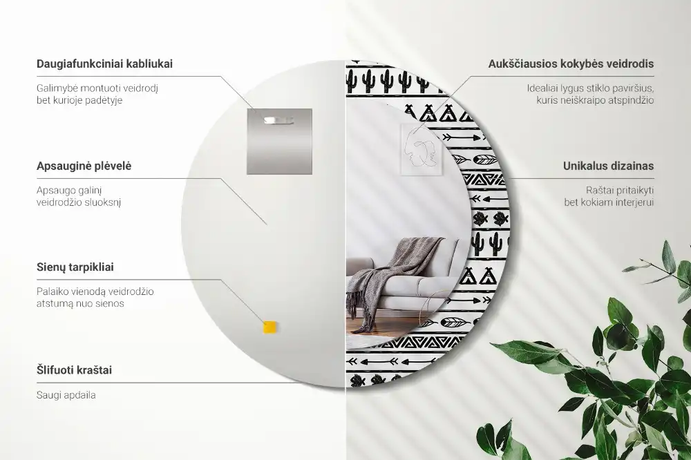 Miroir rond cadre avec impression boho minimaliste