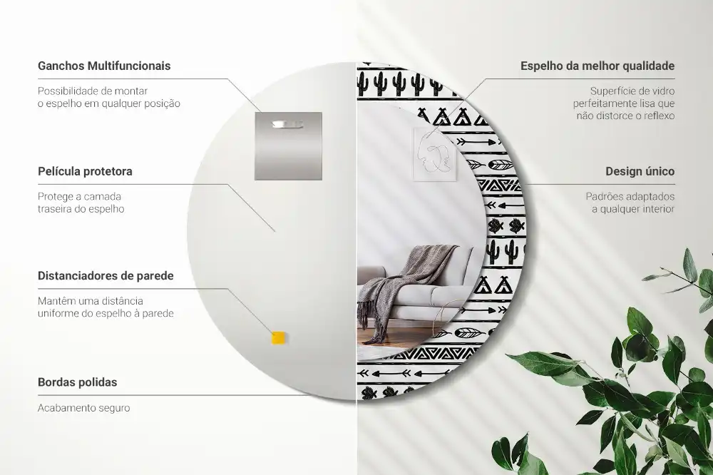 Miroir rond cadre avec impression boho minimaliste