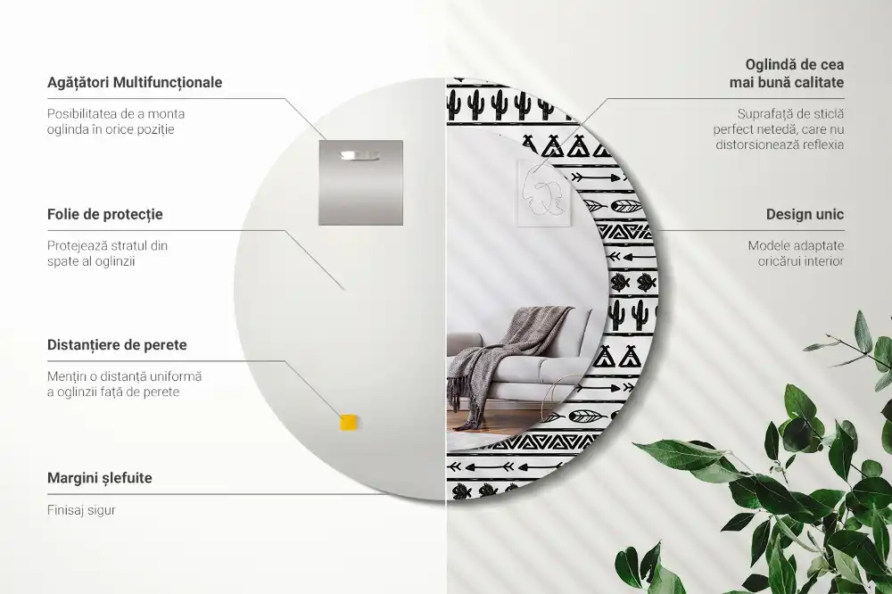 Miroir rond cadre avec impression boho minimaliste