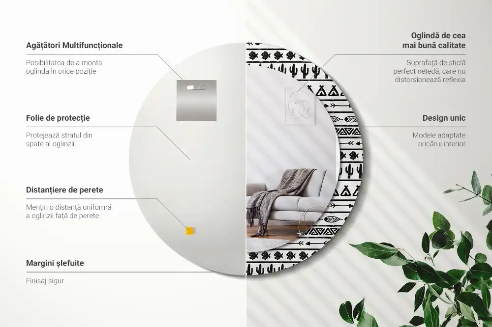Miroir rond cadre avec impression boho minimaliste