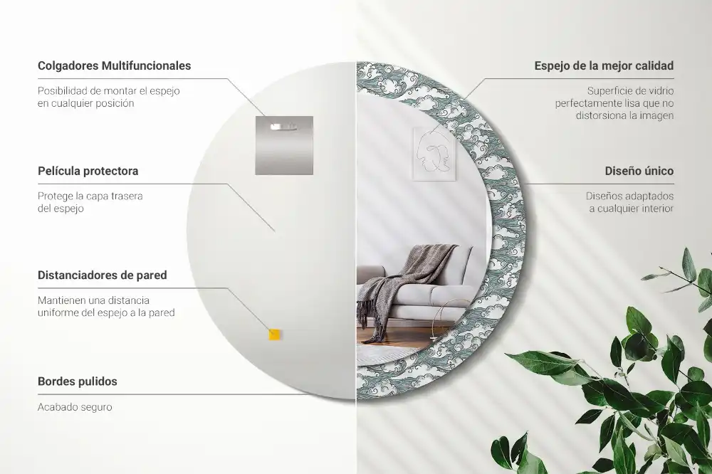 Miroir rond cadre imprimé nuages