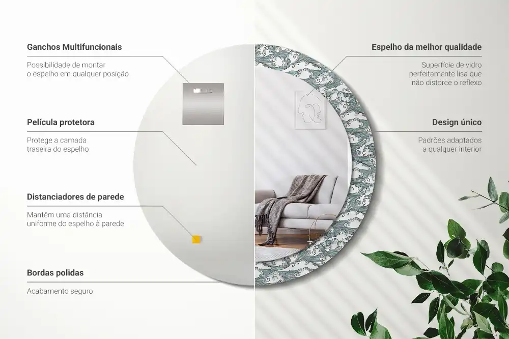 Miroir rond cadre imprimé nuages
