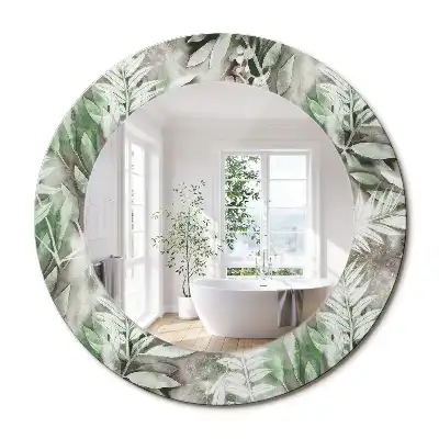 Miroir rond cadre avec impression feuilles à l'aquarelle