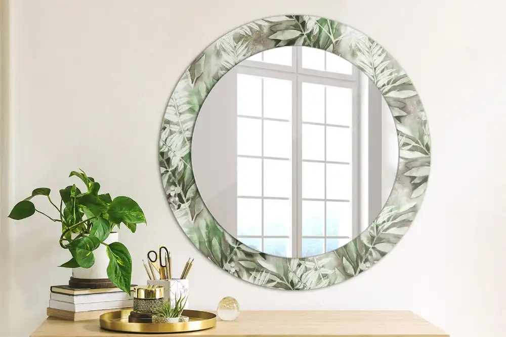 Miroir rond cadre avec impression feuilles à l'aquarelle