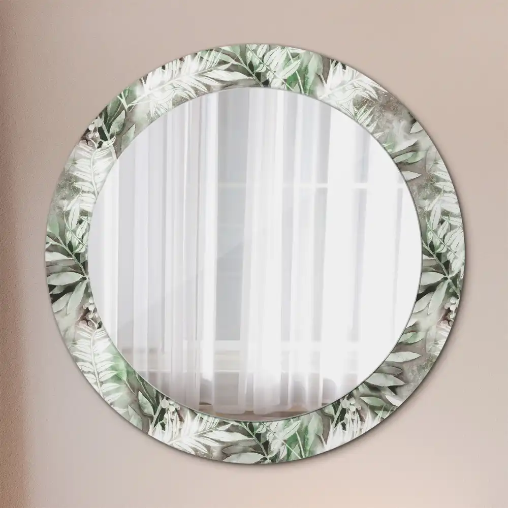 Miroir rond cadre avec impression feuilles à l'aquarelle