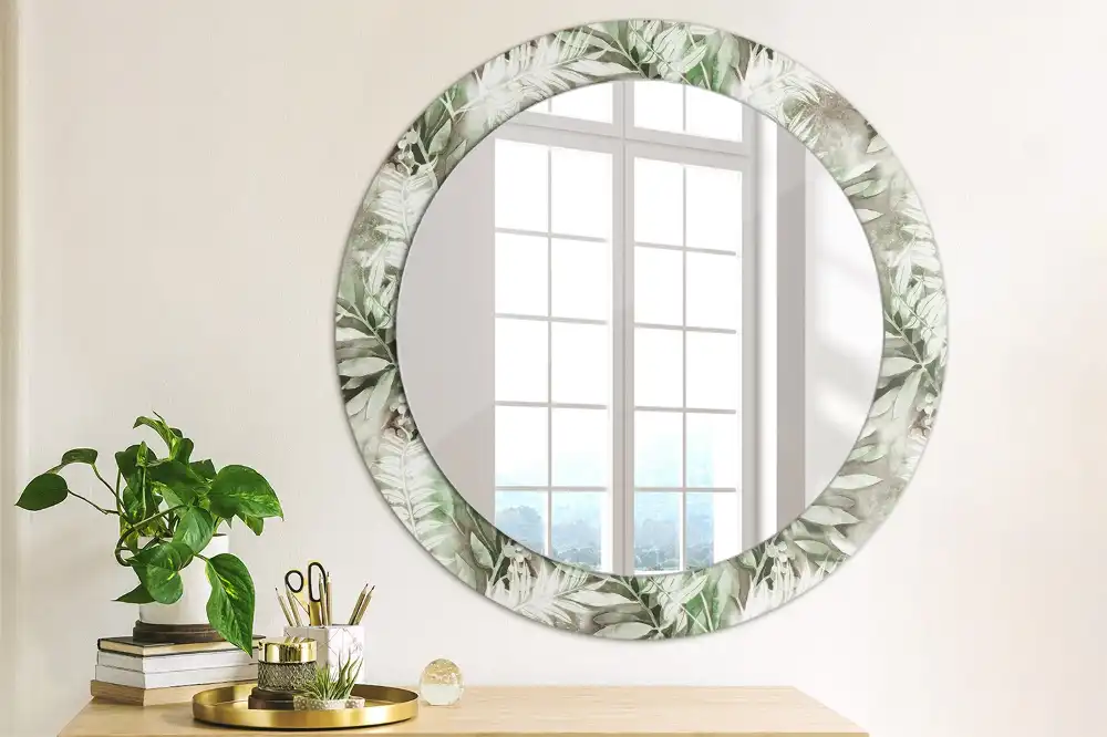 Miroir rond cadre avec impression feuilles à l'aquarelle