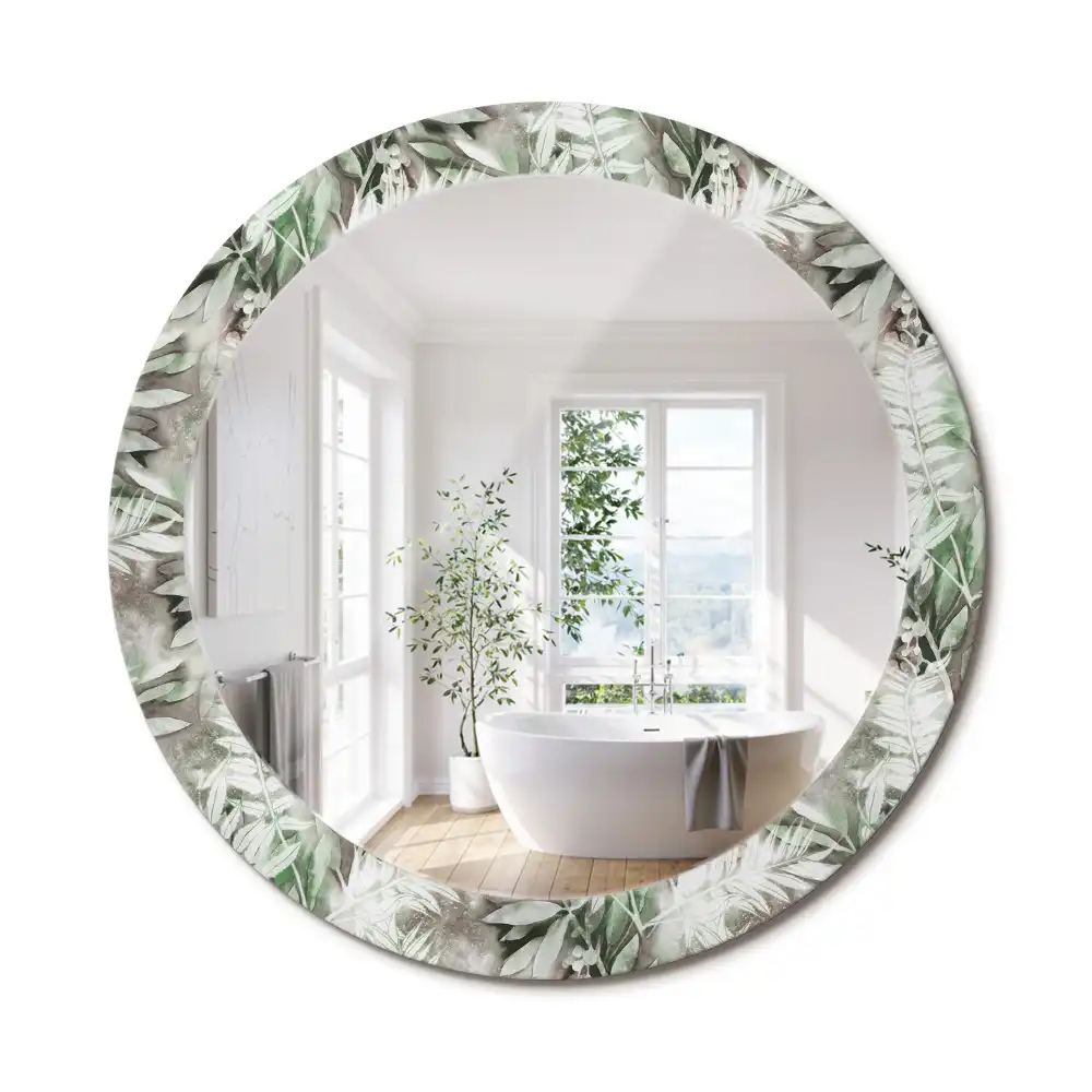 Miroir rond cadre avec impression feuilles à l'aquarelle