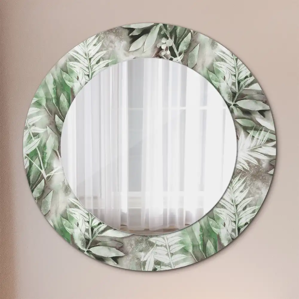Miroir rond cadre avec impression feuilles à l'aquarelle