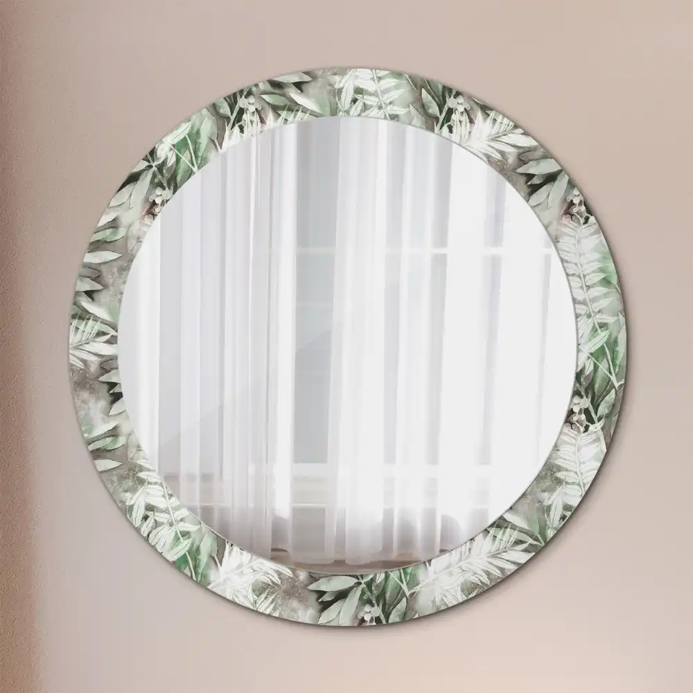Miroir rond cadre avec impression feuilles à l'aquarelle