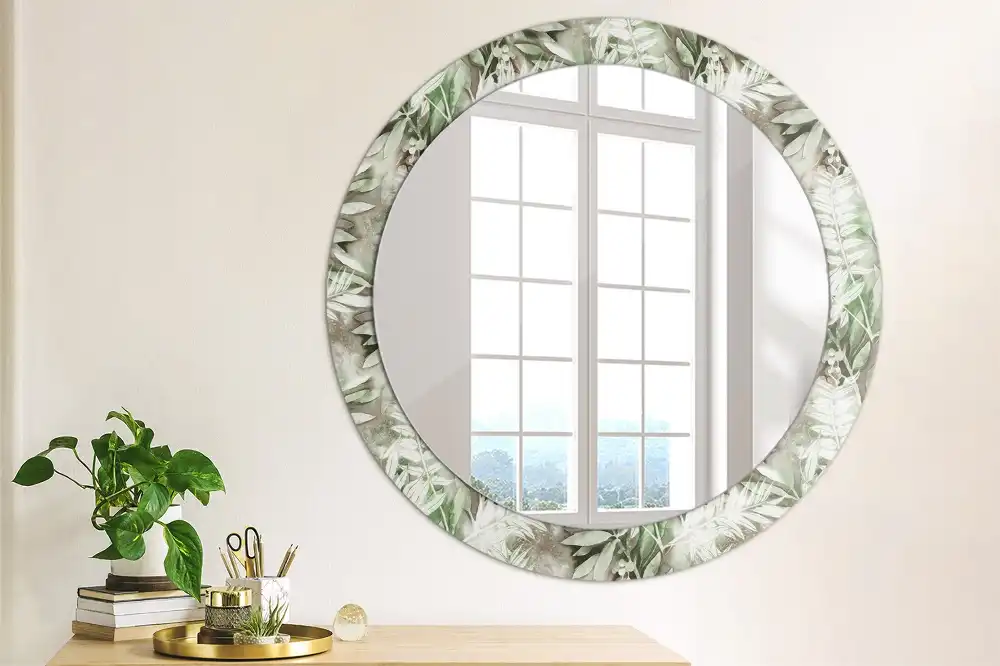 Miroir rond cadre avec impression feuilles à l'aquarelle