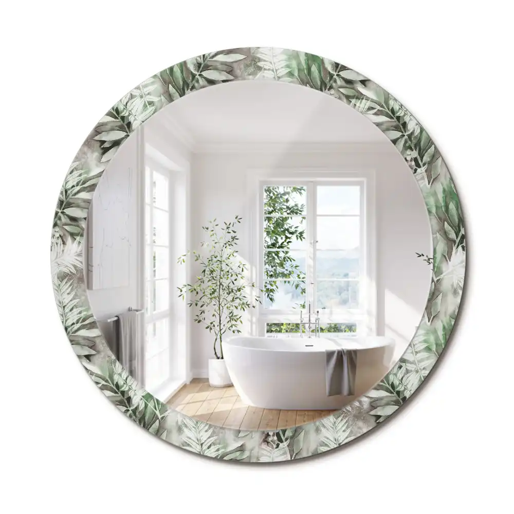 Miroir rond cadre avec impression feuilles à l'aquarelle