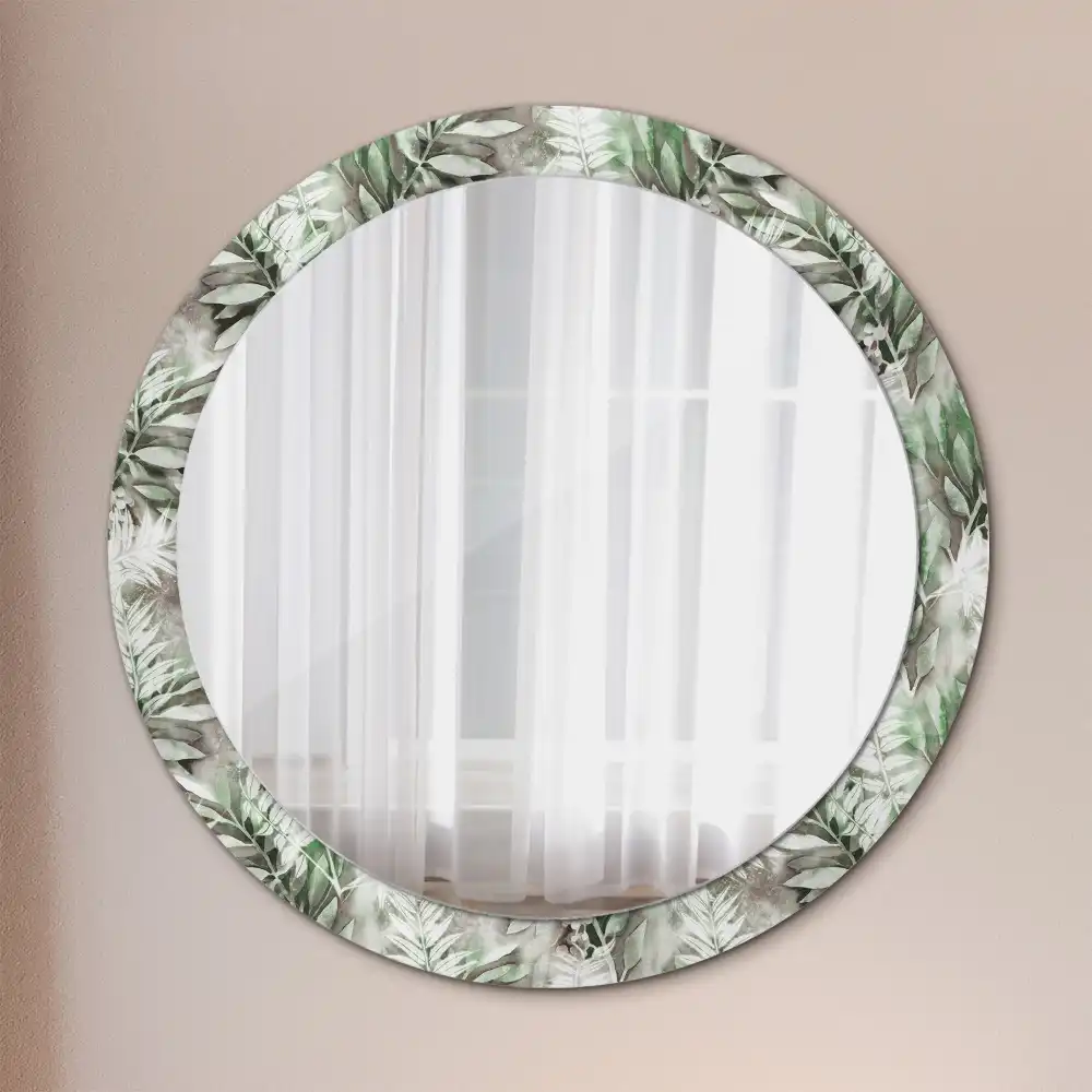Miroir rond cadre avec impression feuilles à l'aquarelle