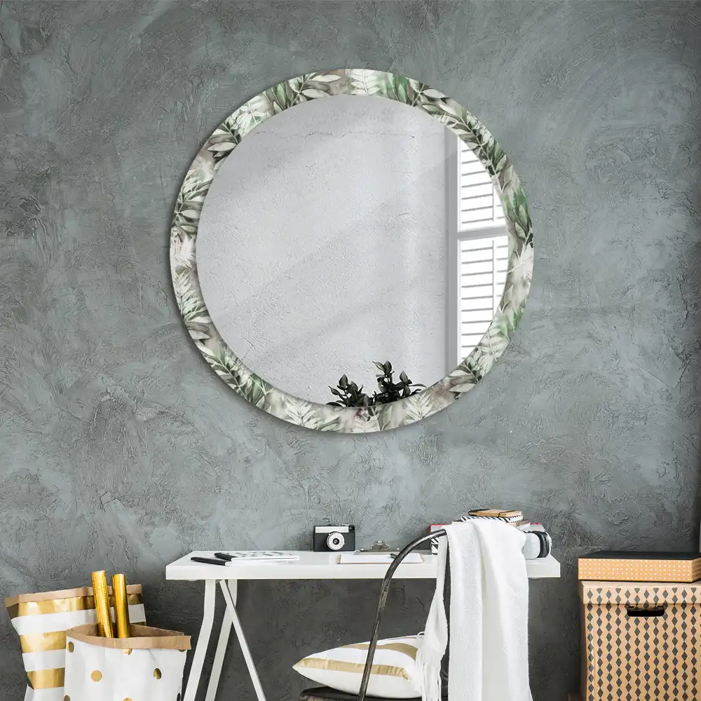 Miroir rond cadre avec impression feuilles à l'aquarelle