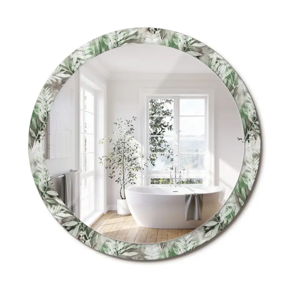 Miroir rond cadre avec impression feuilles à l'aquarelle