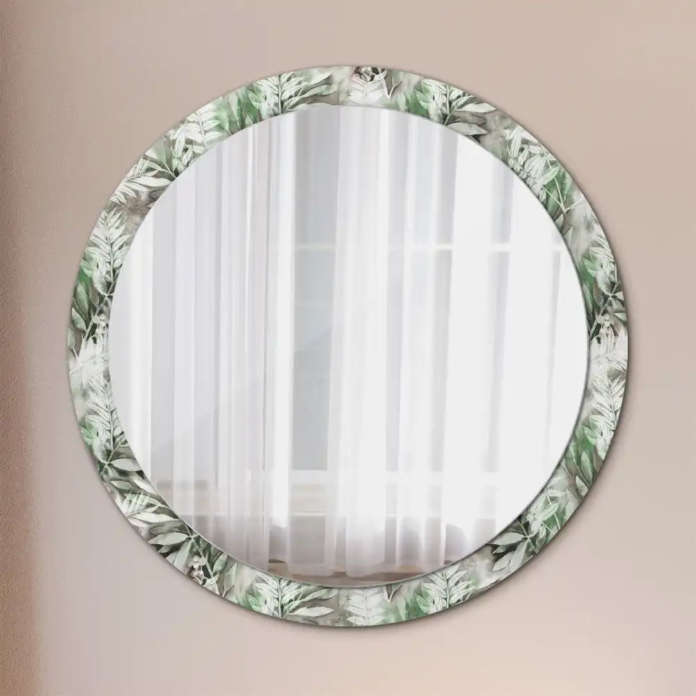Miroir rond cadre avec impression feuilles à l'aquarelle