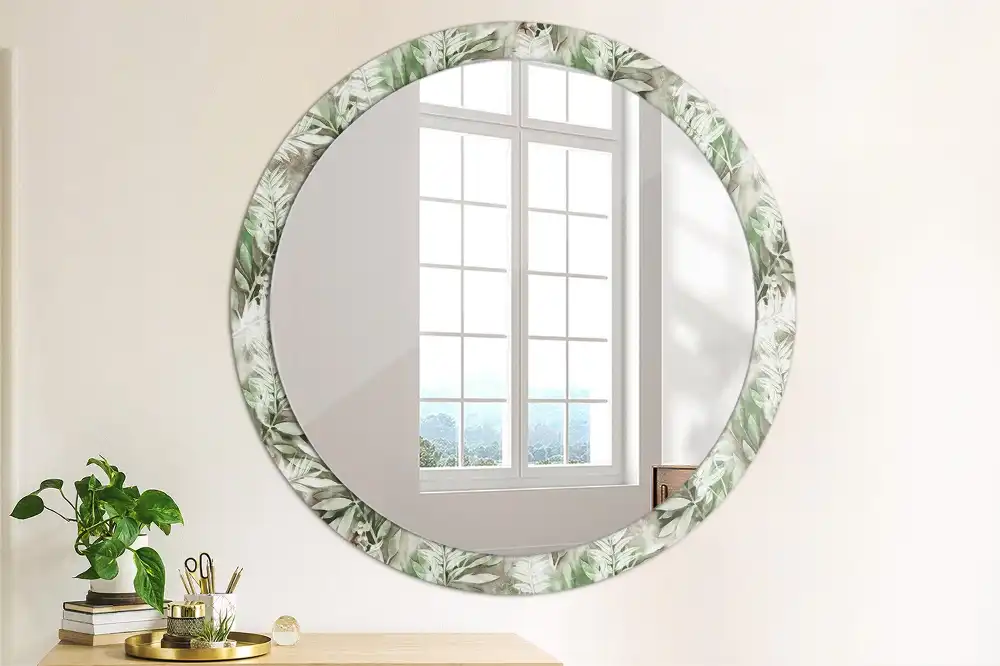 Miroir rond cadre avec impression feuilles à l'aquarelle