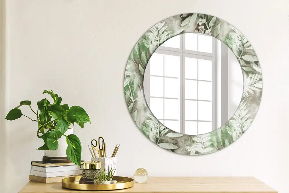 Miroir rond cadre avec impression feuilles à l'aquarelle