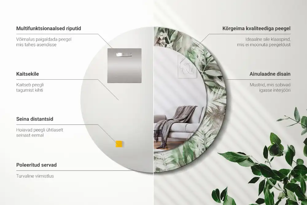 Miroir rond cadre avec impression feuilles à l'aquarelle