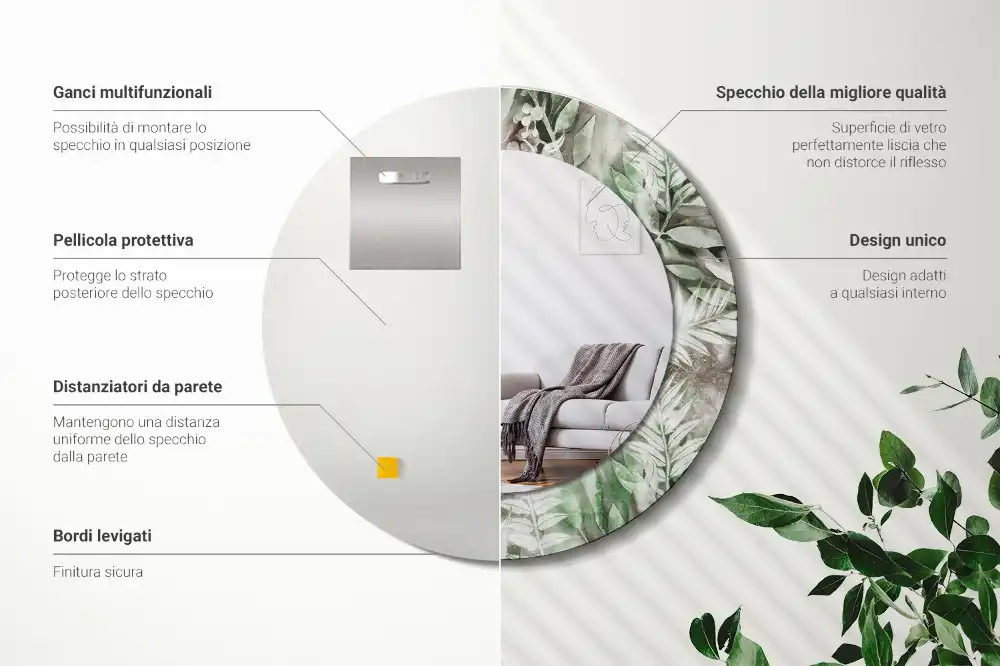 Miroir rond cadre avec impression feuilles à l'aquarelle