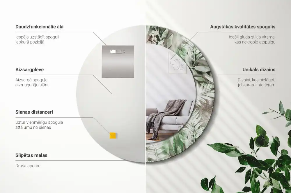 Miroir rond cadre avec impression feuilles à l'aquarelle