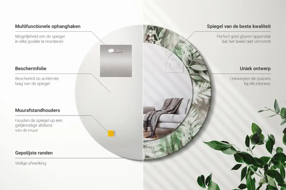 Miroir rond cadre avec impression feuilles à l'aquarelle