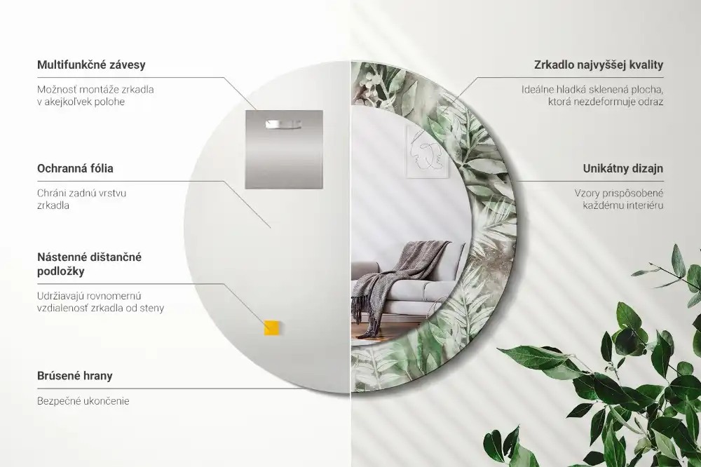 Miroir rond cadre avec impression feuilles à l'aquarelle
