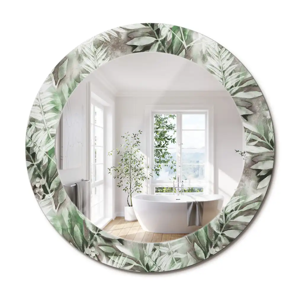Miroir rond cadre avec impression feuilles à l'aquarelle