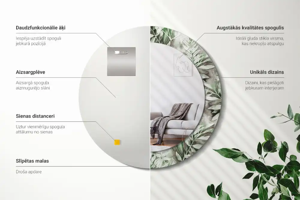 Miroir rond cadre avec impression feuilles à l'aquarelle