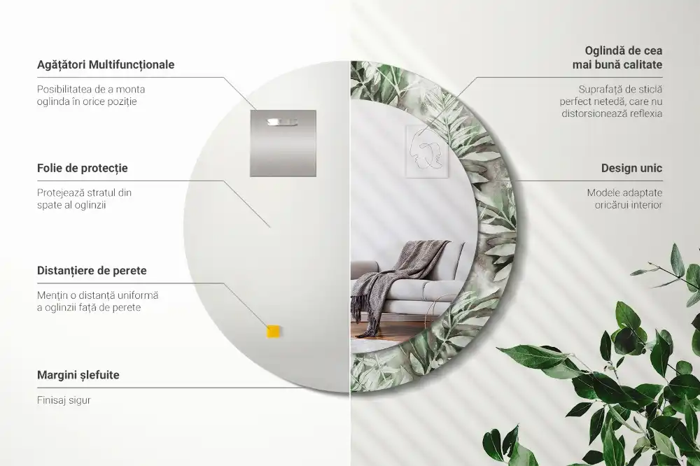 Miroir rond cadre avec impression feuilles à l'aquarelle