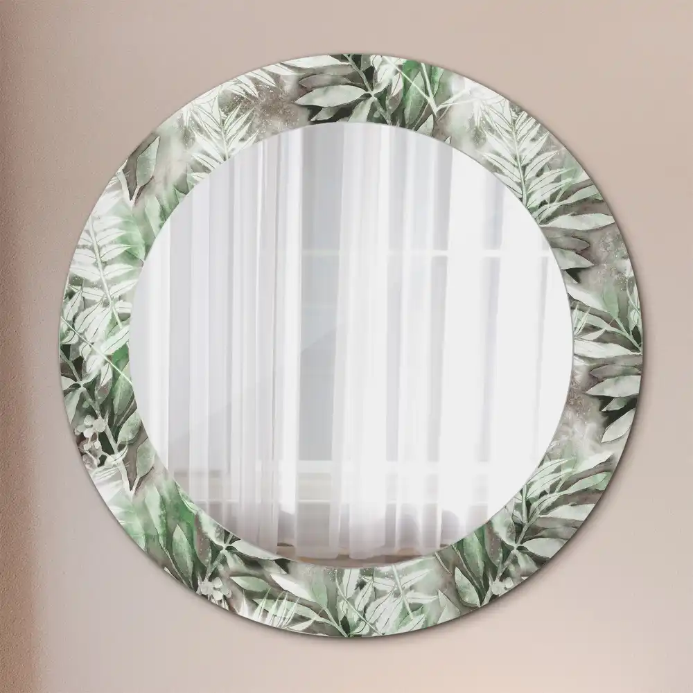 Miroir rond cadre avec impression feuilles à l'aquarelle