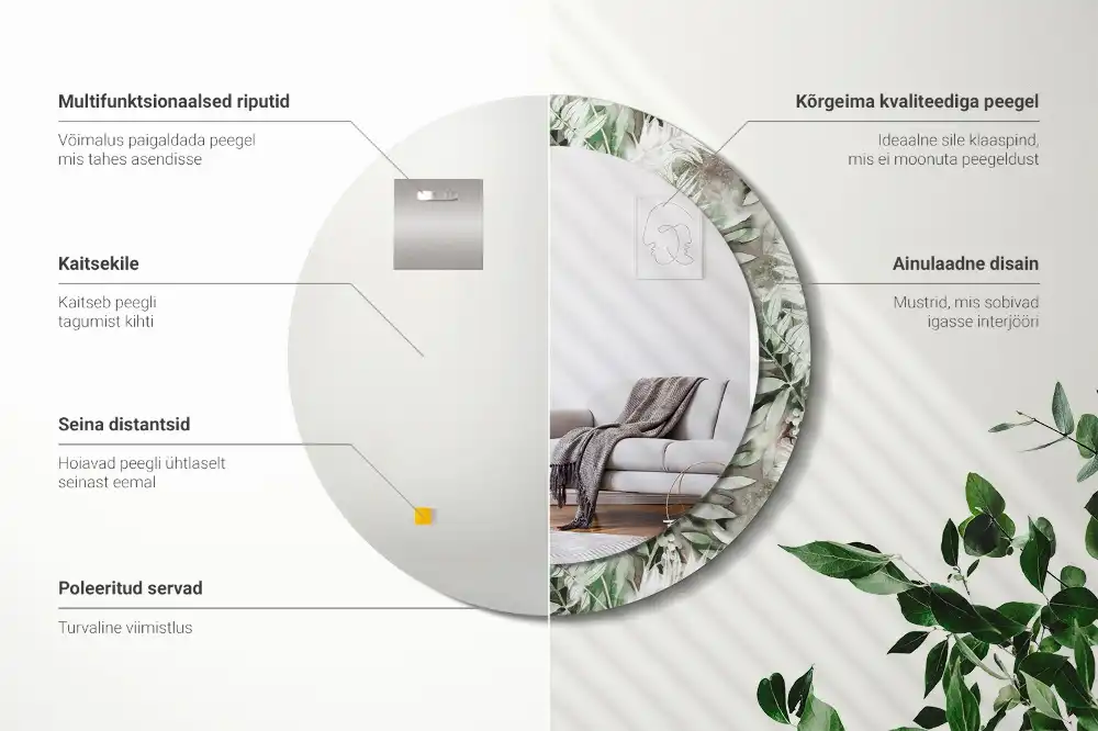 Miroir rond cadre avec impression feuilles à l'aquarelle