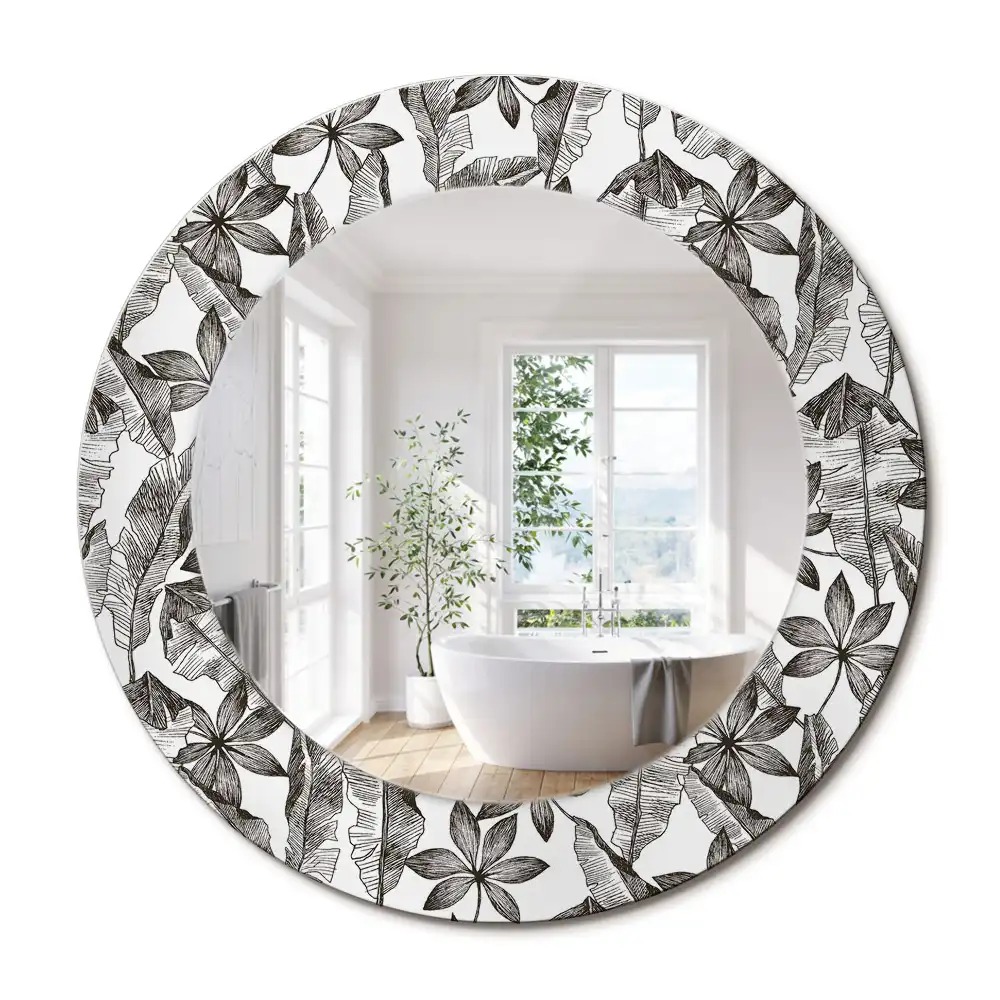 Miroir rond cadre imprimé feuilles tropicales