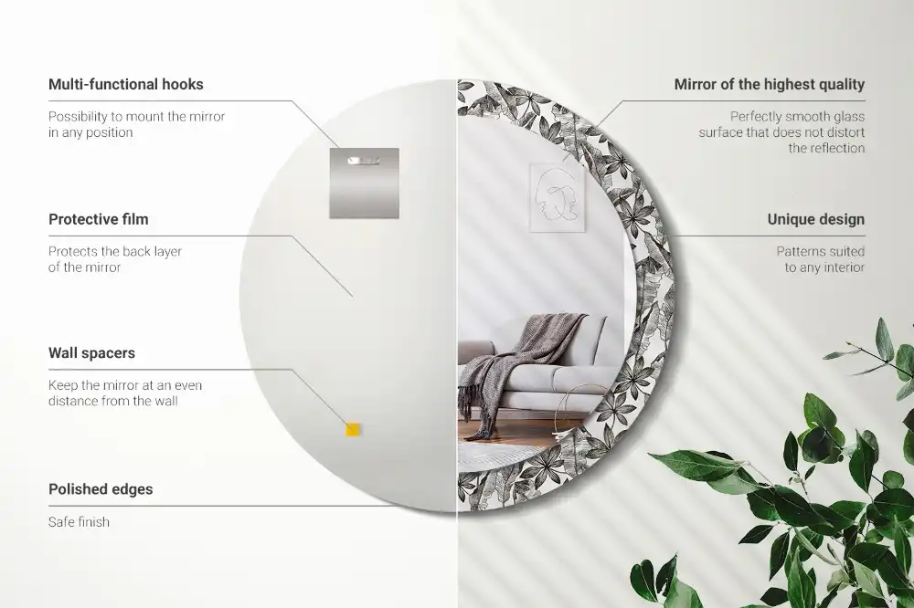 Miroir rond cadre imprimé feuilles tropicales