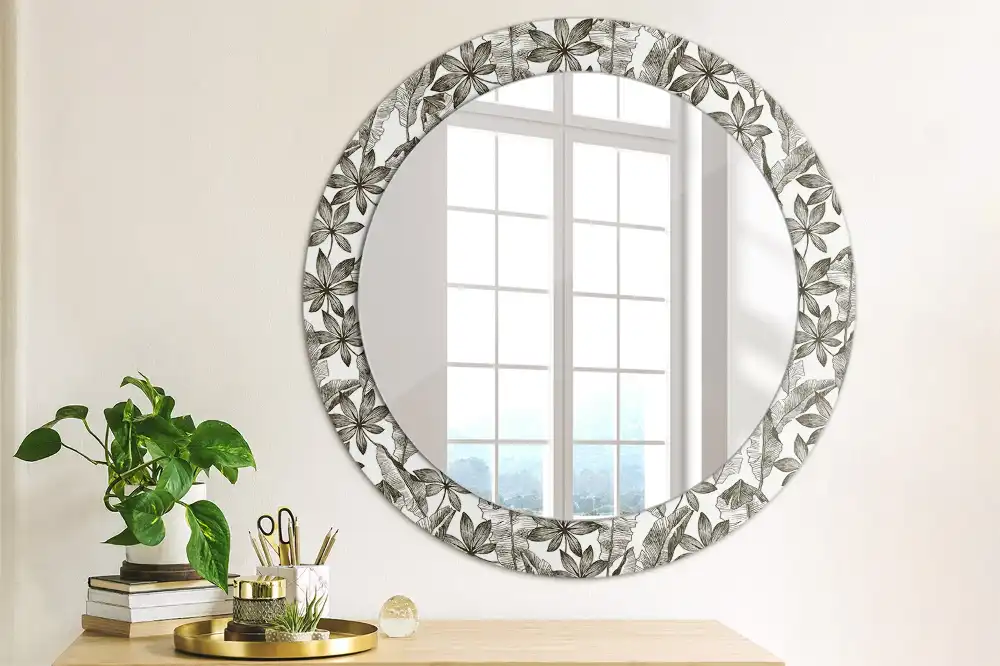 Miroir rond cadre imprimé feuilles tropicales