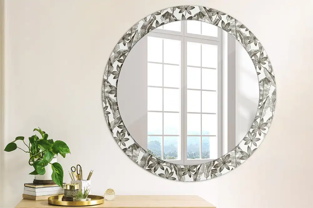 Miroir rond cadre imprimé feuilles tropicales