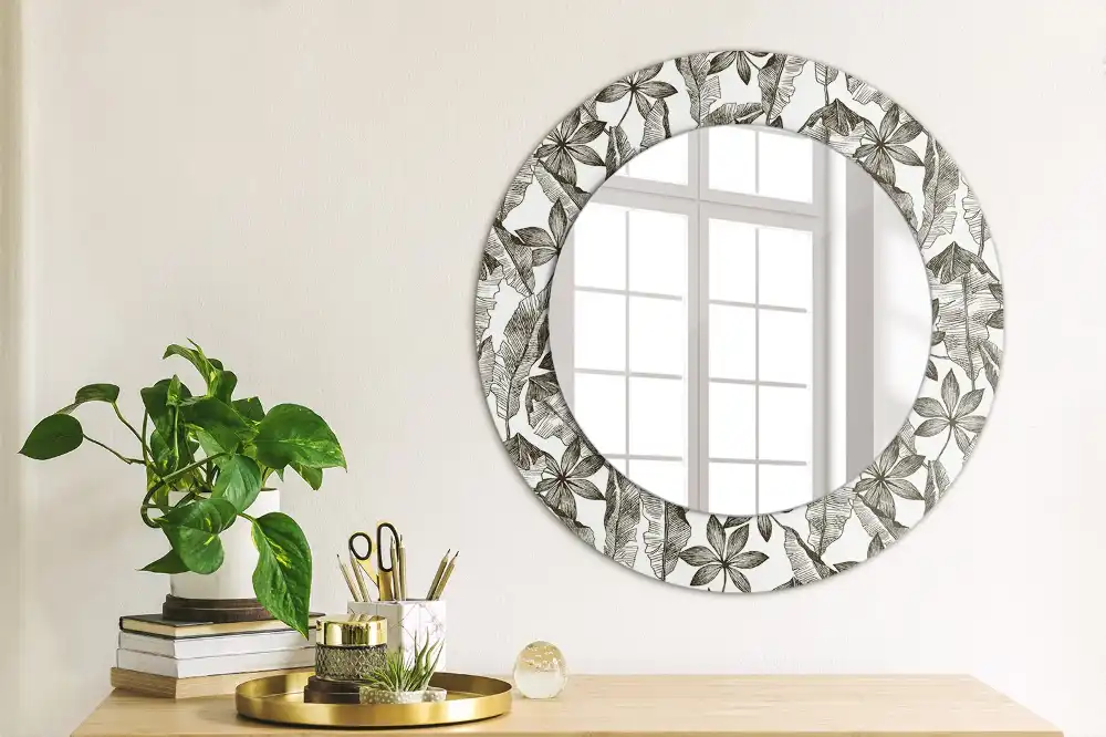 Miroir rond cadre imprimé feuilles tropicales