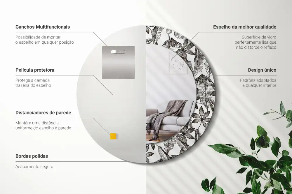 Miroir rond cadre imprimé feuilles tropicales