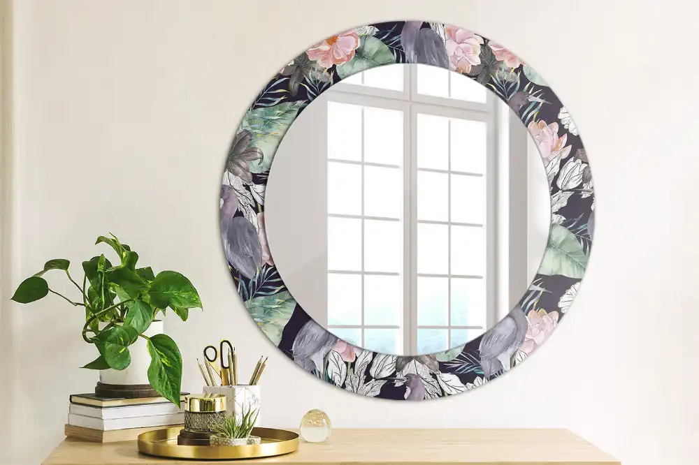 Miroir rond avec décoration hérons