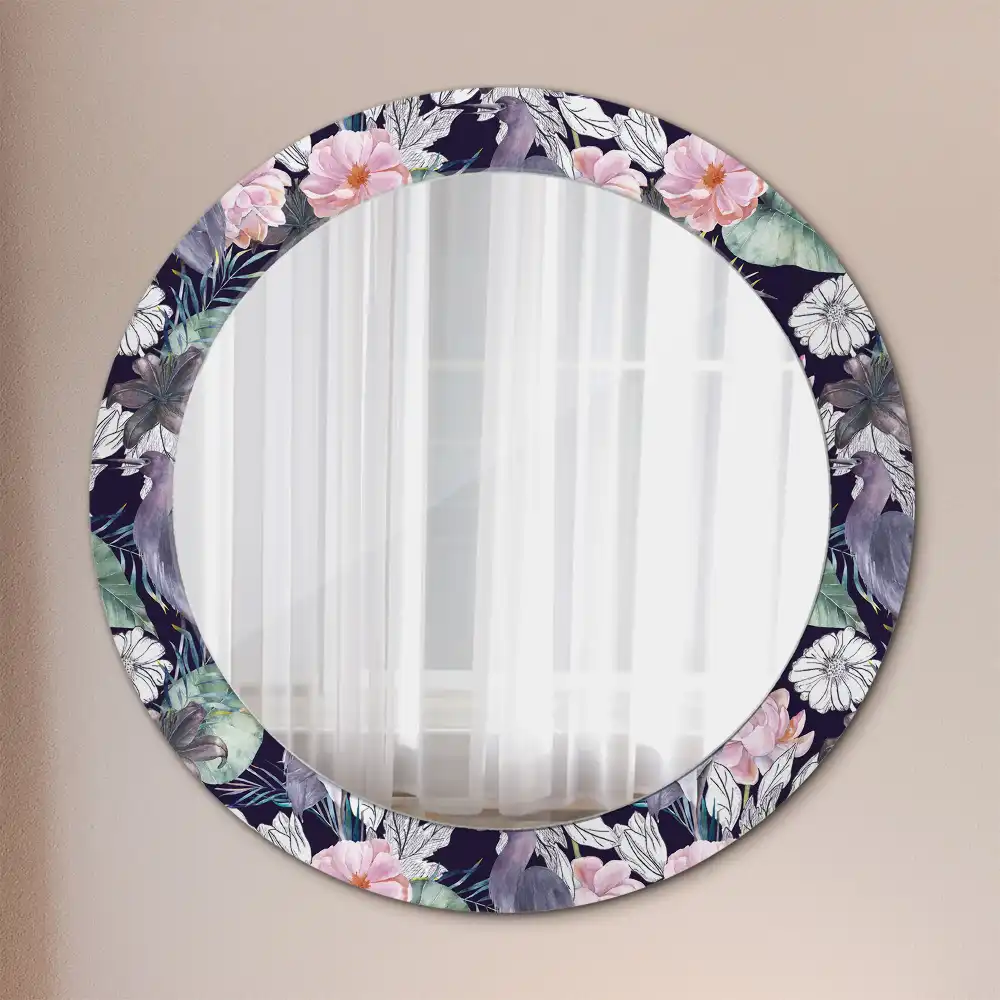 Miroir rond avec décoration hérons
