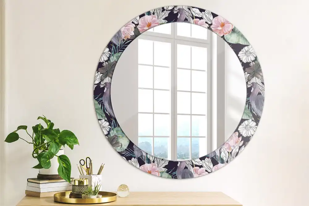Miroir rond avec décoration hérons