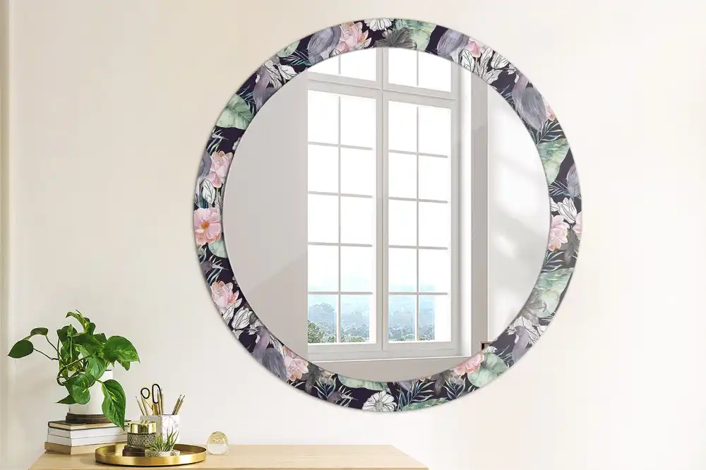 Miroir rond avec décoration hérons
