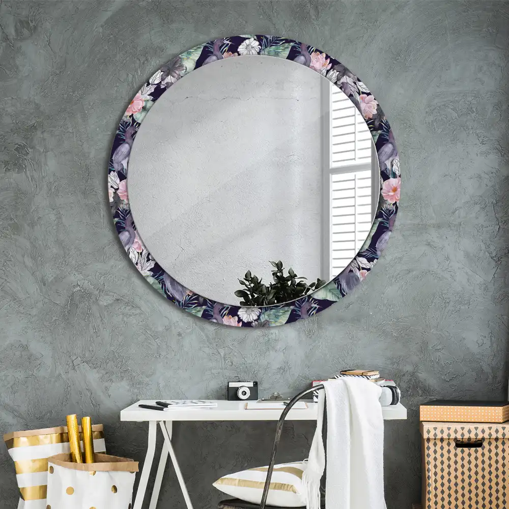 Miroir rond avec décoration hérons