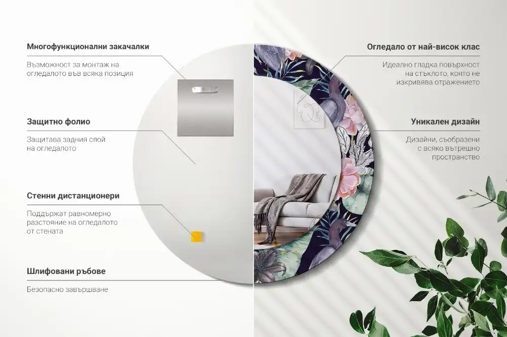Miroir rond avec décoration hérons