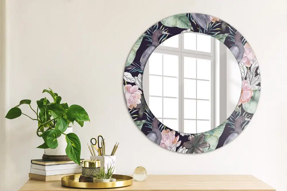 Miroir rond avec décoration hérons