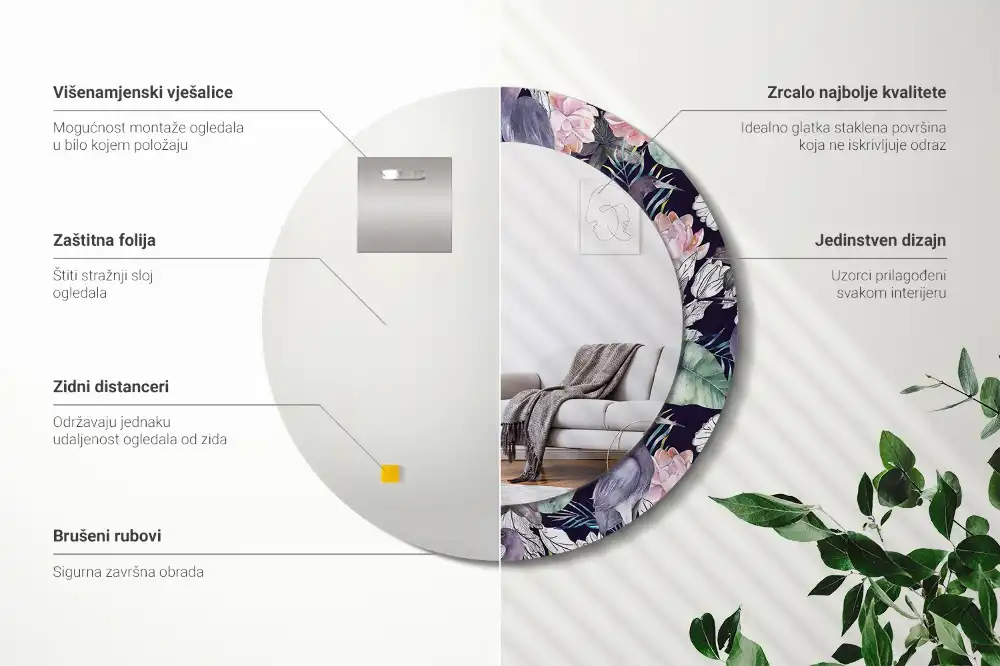 Miroir rond avec décoration hérons
