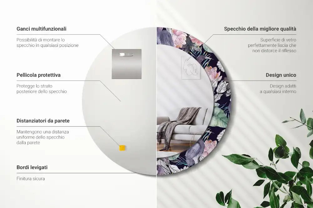 Miroir rond avec décoration hérons