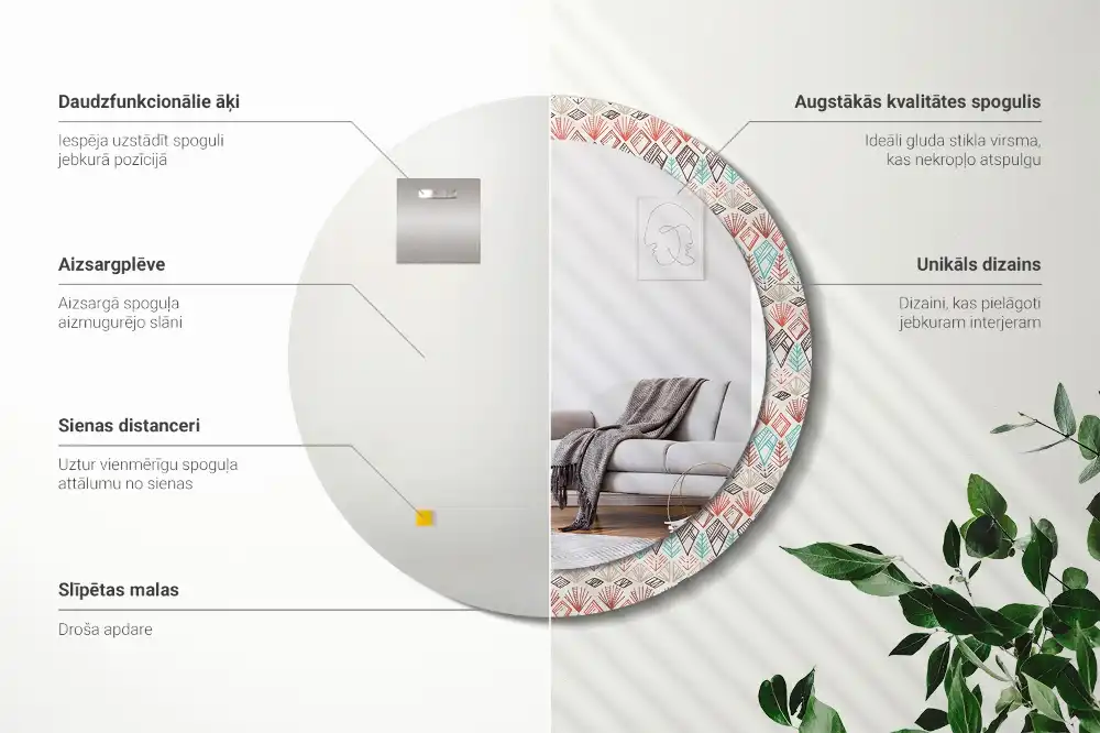 Miroir rond cadre imprimé motif ethnique