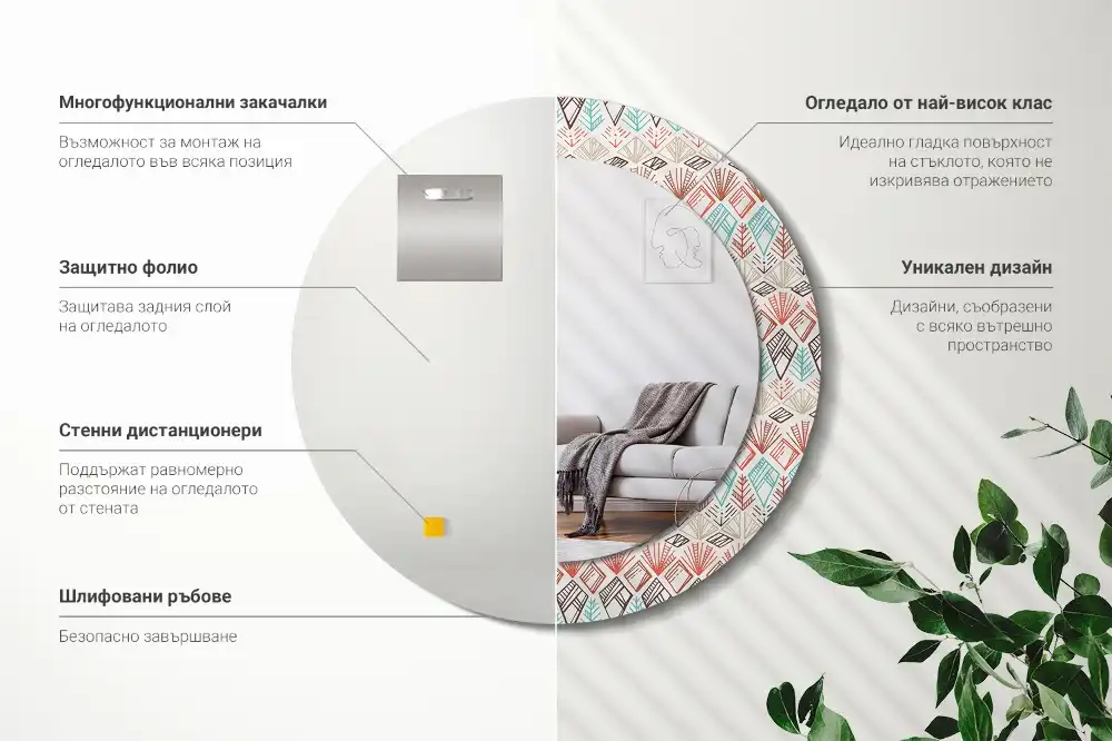 Miroir rond cadre imprimé motif ethnique