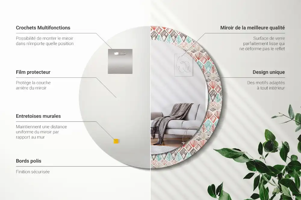 Miroir rond cadre imprimé motif ethnique